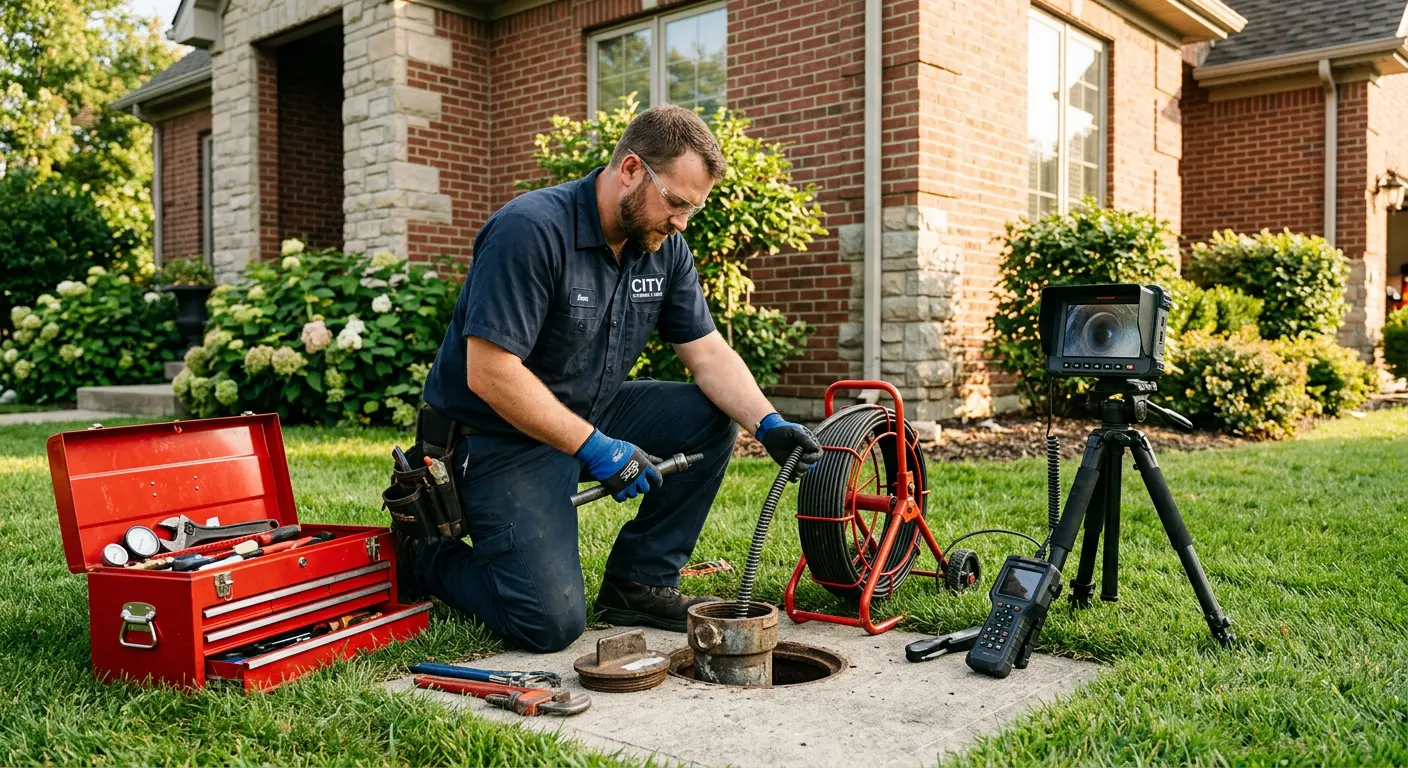 Sewer specialist with camera equipment servicing a cleanout in Winfield
